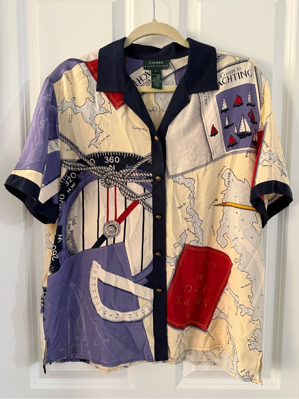 Vintage Lauren Ralph Lauren 100% Silk Nautical Yacht Graphic Print Sz Large